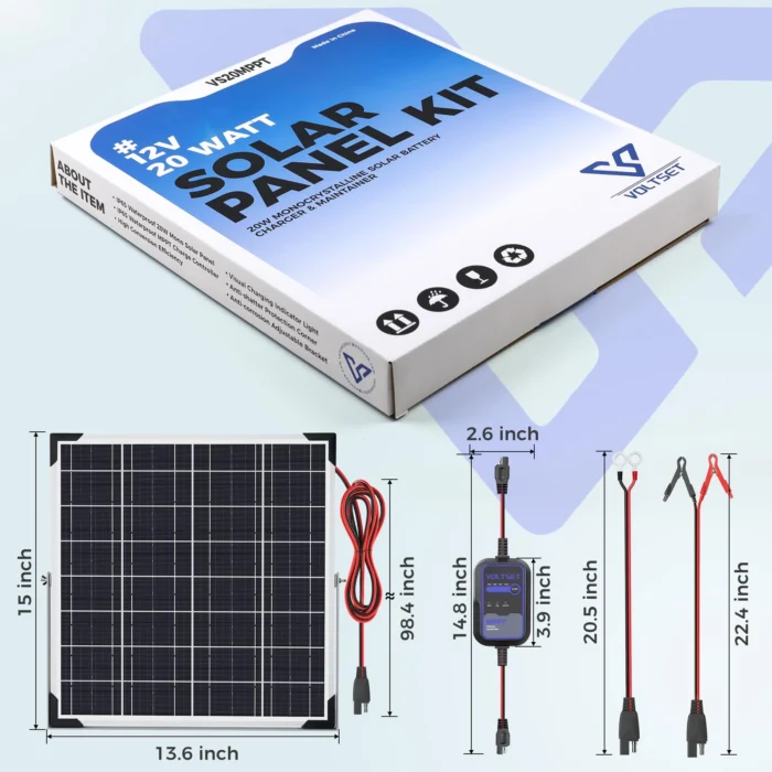 VoltSet 20W 12V Solar Panel Kit with MPPT Controller_size